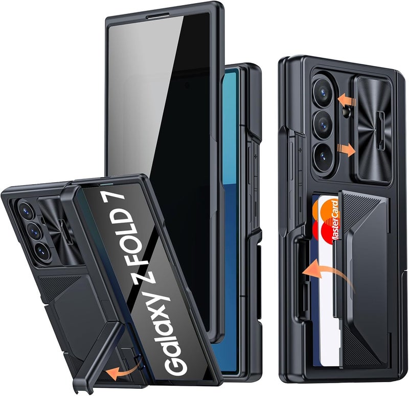 BSNRM for Samsung Galaxy Z Fold 7 Case with Card Holder RFID Blocking & Privacy Screen Protector & Slide Lens Cover & Hinge Protection & Kickstand, Shockproof Wallet Case for Z Fold 7 (Black) - Image 1